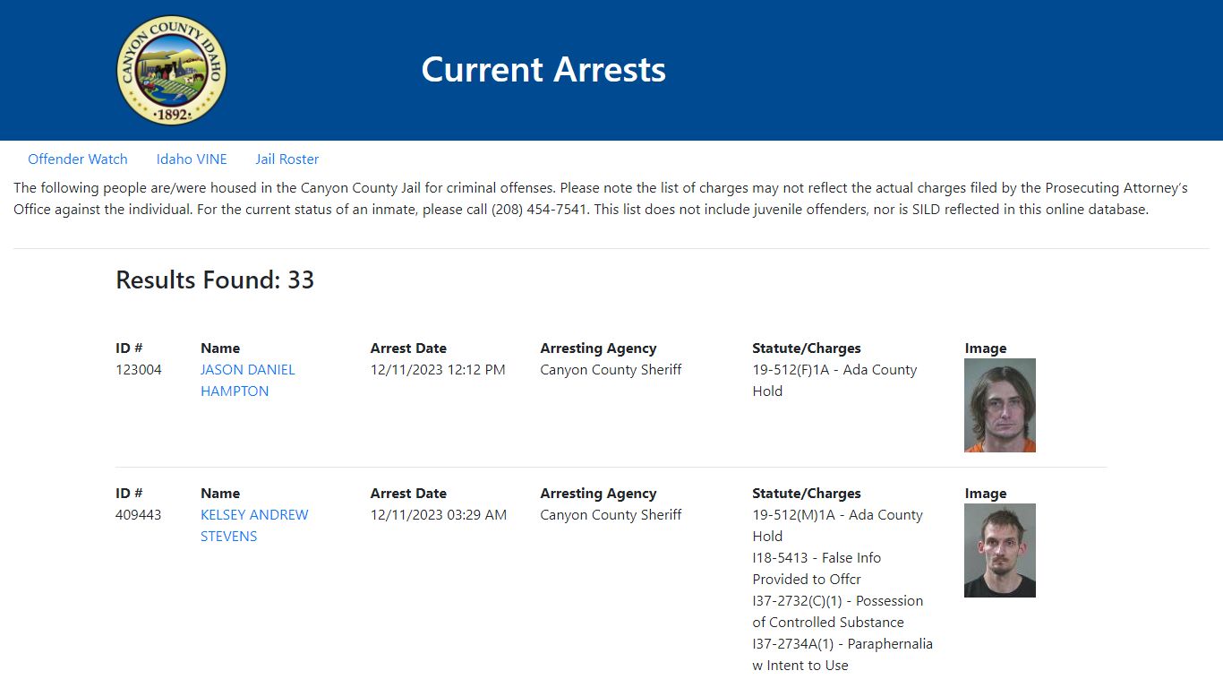 Current Arrests - Id